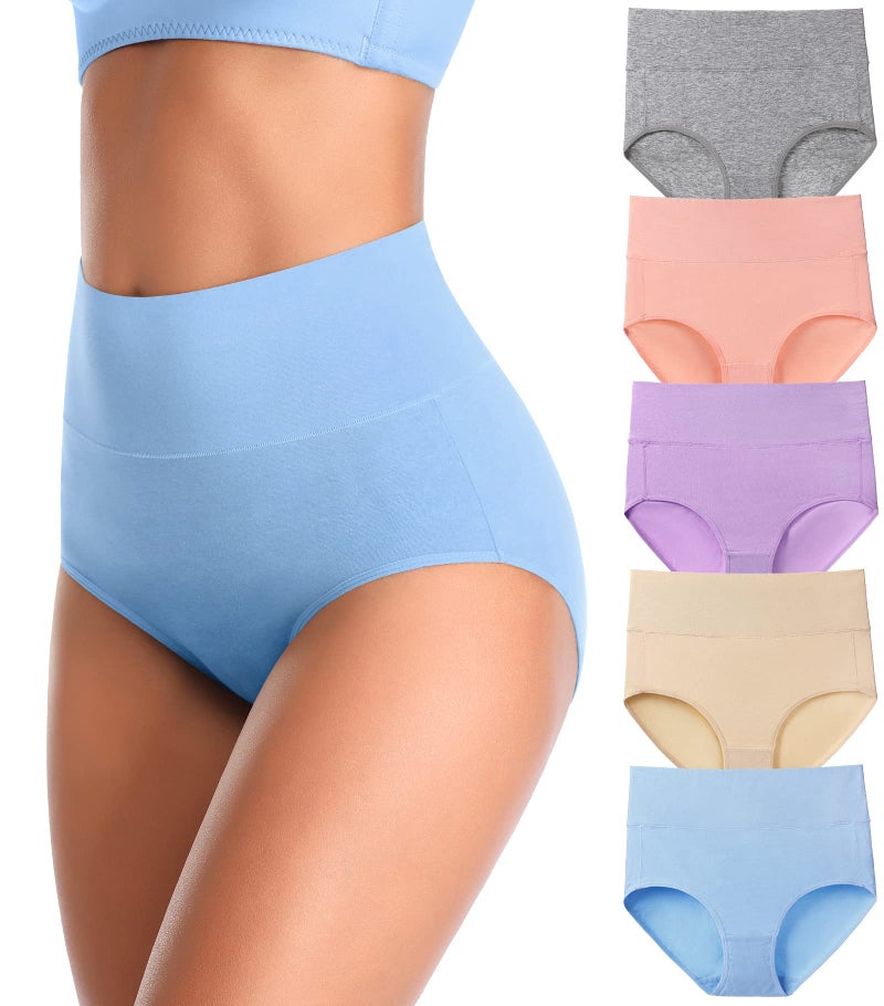 K-CHEONY Women's Underwear, High Waist Cotton Breathable Full Coverage Panties Brief Multipack Regular and Plus Size (Light Assorted, 5 Pack, Large) - Image 1